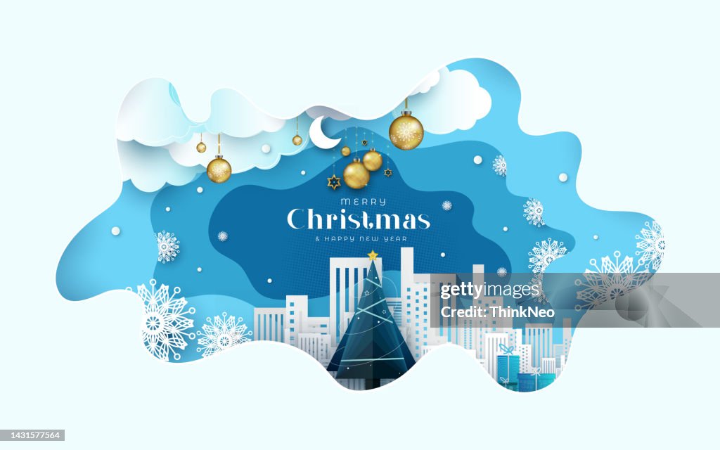 Frohe Weihnachten Stadtlandschaft Papier Kunst Hintergrund