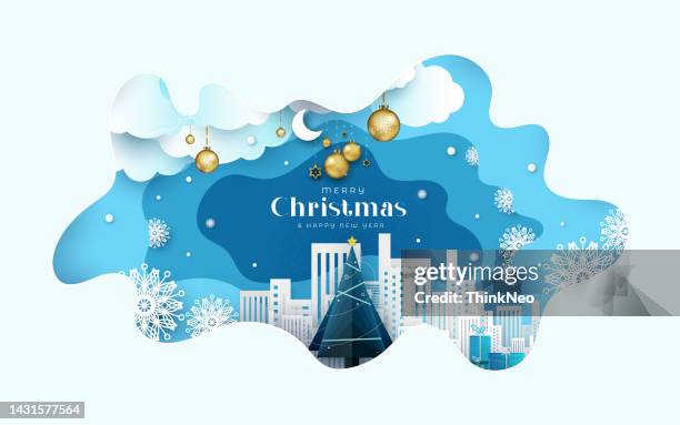 merry christmas urban landscape paper art background - christmas town stock illustrations