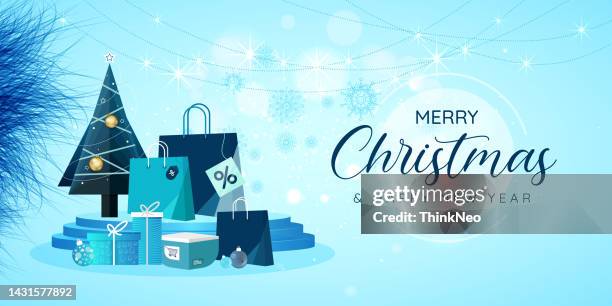 ilustrações de stock, clip art, desenhos animados e ícones de merry christmas and happy new year stage with shopping bag and gifts - new year gifts
