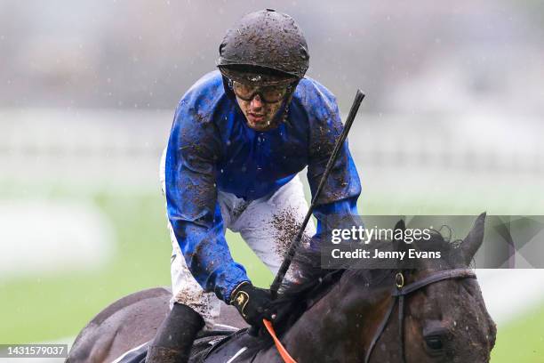 Brenton Avdulla covered in mud after race 6 The Agency Tapp-craig during Sydney Racing at Royal Randwick Racecourse on October 08, 2022 in Sydney,...