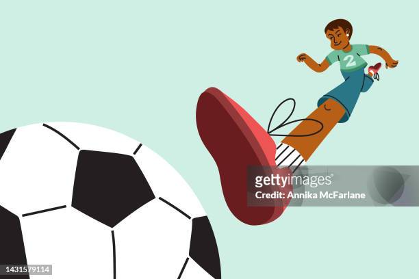 a young soccer fan is running, kicking and playing soccer happily - uniform stock illustrations stock illustrations
