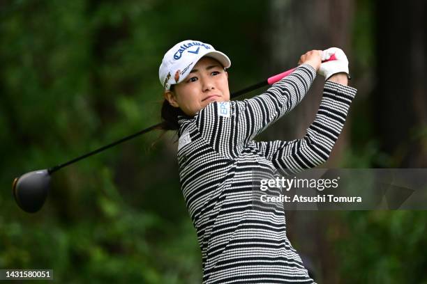 Sakura Yokomine of Japan hits her tee shot on the 8th hole during the second round of the Stanley Ladies Honda Golf Tournament at Tomei Country Club...