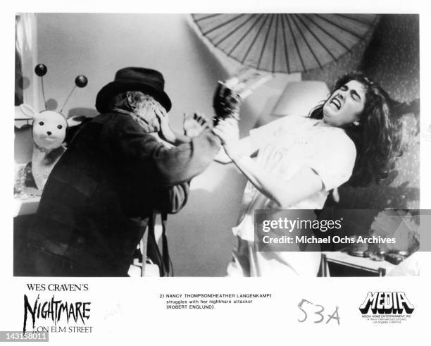 Robert Englund attacks Heather Langenkamp in a scene from the film 'A Nightmare On Elm Street', 1984.