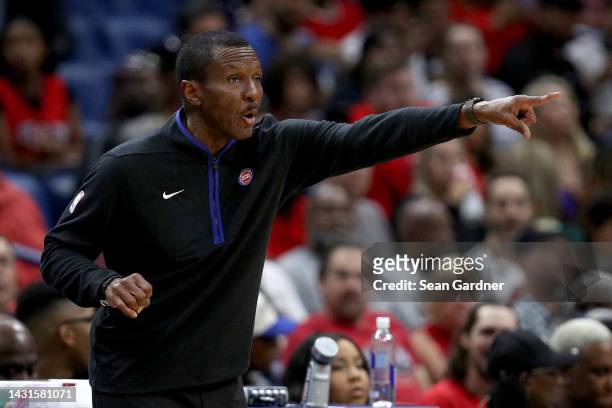 Detroit Pistons head coach Dwane Casey looks ond during the second quarter of of an NBA preseason game against the New Orleans Pelicans at Smoothie...