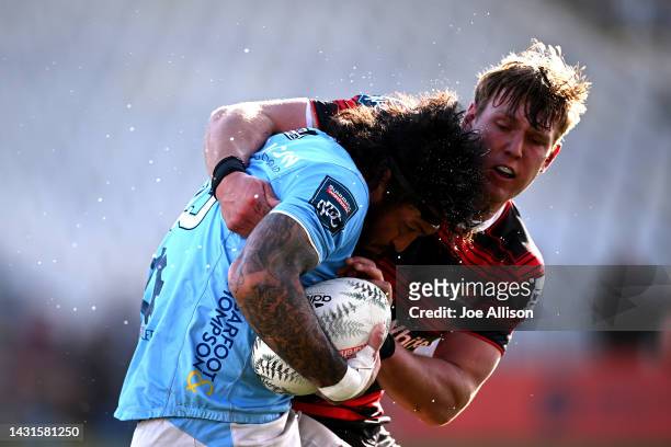 Rene Ranger of Northland is tackled during the Bunnings NPC Quarter Final match between Canterbury and Northland at Orangetheory Stadium, on October...