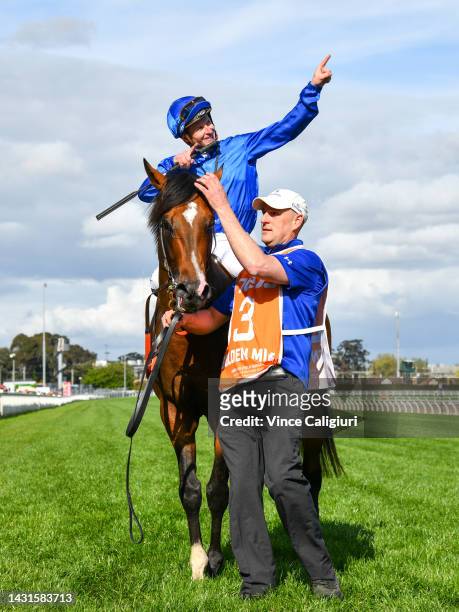 James McDonald reacts after riding Golden Mile to win Race 8, the Neds Caulfield Guineas, during Caulfield Guineas Day at Caulfield Racecourse on...