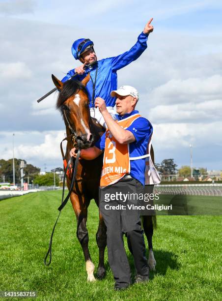 James McDonald reacts after riding Golden Mile to win Race 8, the Neds Caulfield Guineas, during Caulfield Guineas Day at Caulfield Racecourse on...