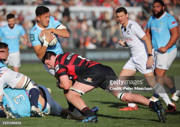 Lisati Milo-Harris from Northland is tackled by Zach Gallagher from Canterbury during the Bunnings NPC Quarter Final match between Canterbury and...