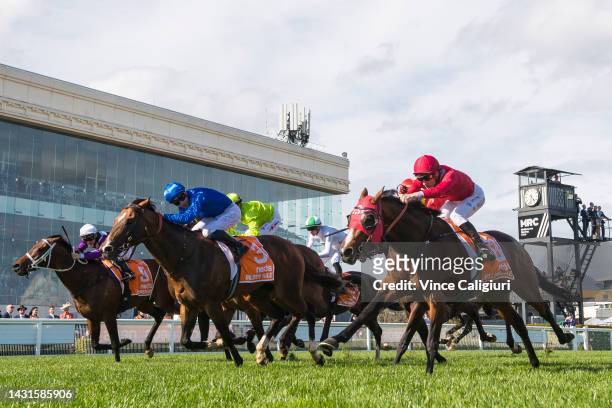 James McDonald riding Golden Mile winning Race 8, the Neds Caulfield Guineas, during Caulfield Guineas Day at Caulfield Racecourse on October 08,...