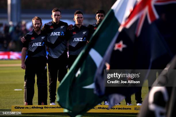 New Zealand lines up for the national anthems during game two of the T20 International series between New Zealand and Pakistan at Hagley Oval on...