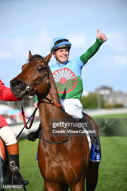 Jarrod Fry riding Tuvalu after winning Race 9, the Hyland Race Colours Toorak Handicap, during Caulfield Guineas Day at Caulfield Racecourse on...