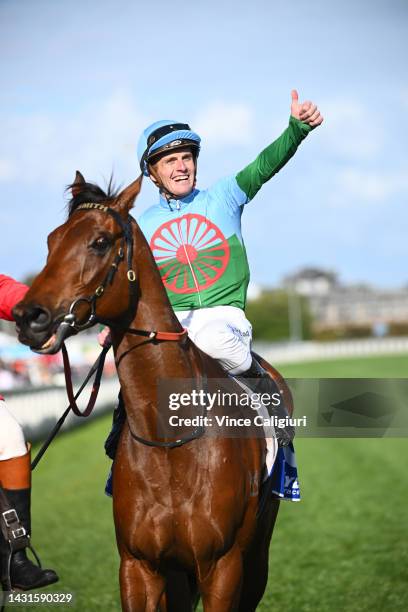 Jarrod Fry riding Tuvalu after winning Race 9, the Hyland Race Colours Toorak Handicap, during Caulfield Guineas Day at Caulfield Racecourse on...