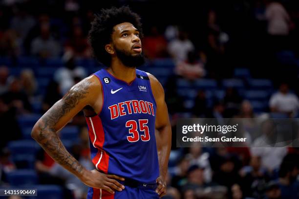 Marvin Bagley III of the Detroit Pistons stands on the court during the first quarter of an NBA preseason game against the New Orleans Pelicans at...