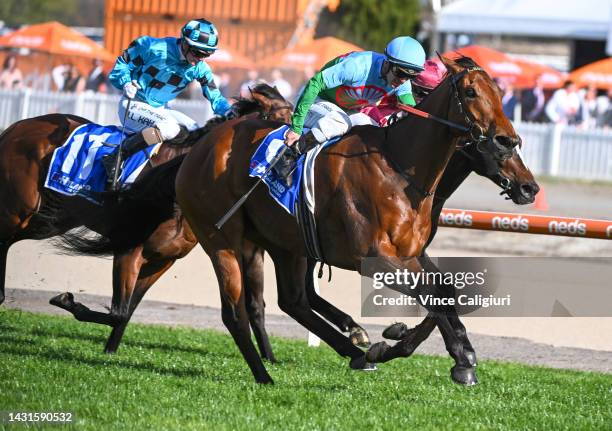 Jarrod Fry riding Tuvalu winning Race 9, the Hyland Race Colours Toorak Handicap, during Caulfield Guineas Day at Caulfield Racecourse on October 08,...