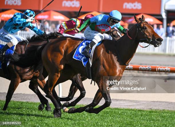 Jarrod Fry riding Tuvalu winning Race 9, the Hyland Race Colours Toorak Handicap, during Caulfield Guineas Day at Caulfield Racecourse on October 08,...