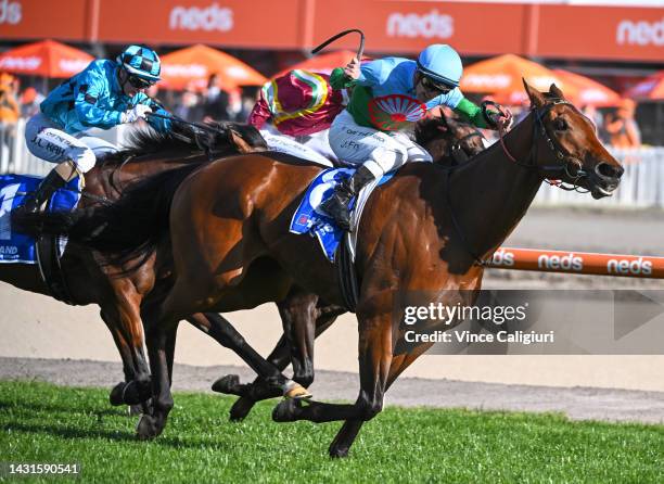 Jarrod Fry riding Tuvalu winning Race 9, the Hyland Race Colours Toorak Handicap, during Caulfield Guineas Day at Caulfield Racecourse on October 08,...