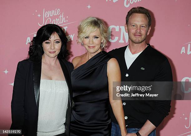 Shannen Doherty, Jennie Garth and Ian Ziering arrive at her 40th Birthday celebration & premiere party for 'Jennie Garth: A Little Bit Country' held...