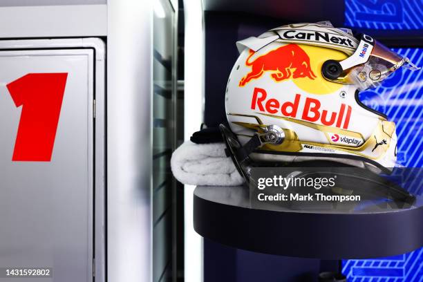 The race helmet of Max Verstappen of the Netherlands and Oracle Red Bull Racing is pictured in the garage during qualifying ahead of the F1 Grand...