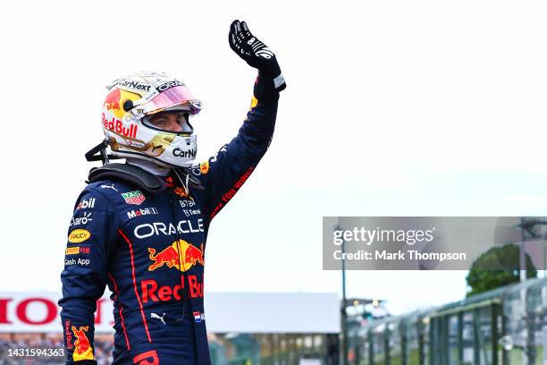 Pole position qualifier Max Verstappen of the Netherlands and Oracle Red Bull Racing celebrates in parc ferme during qualifying ahead of the F1 Grand...