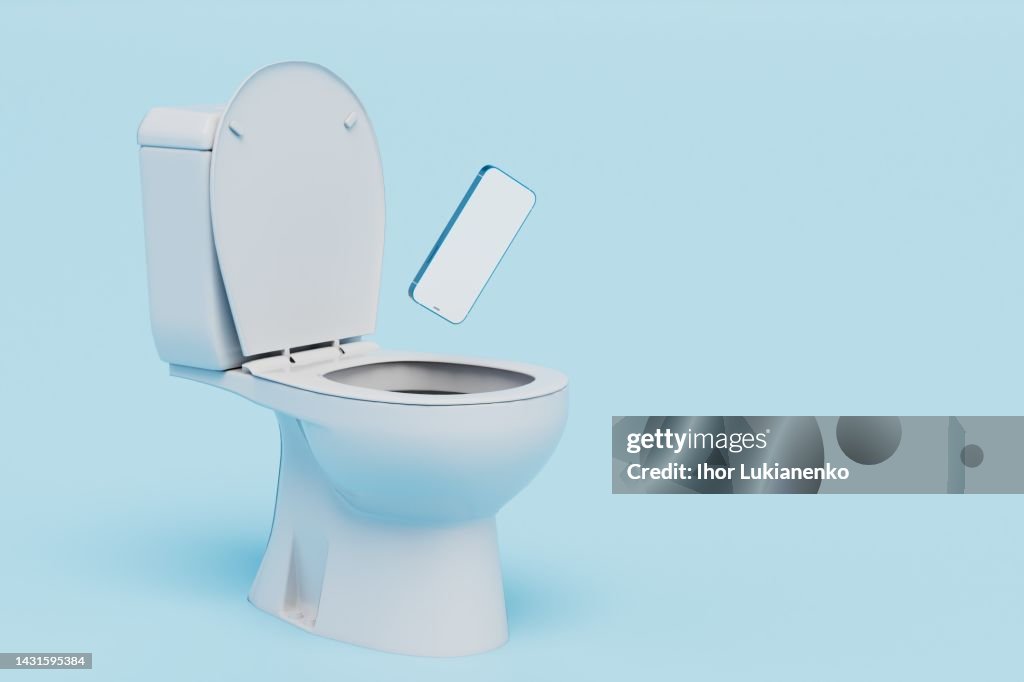 An open toilet on a blue background into which the smartphone flies. copy paste, copy space. 3D render