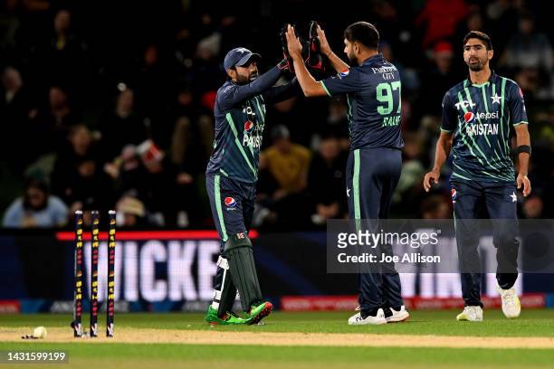 Haris Rauf of Pakistan celebrates the wicket of Jimmy Neesham during game two of the T20 International series between New Zealand and Pakistan at...