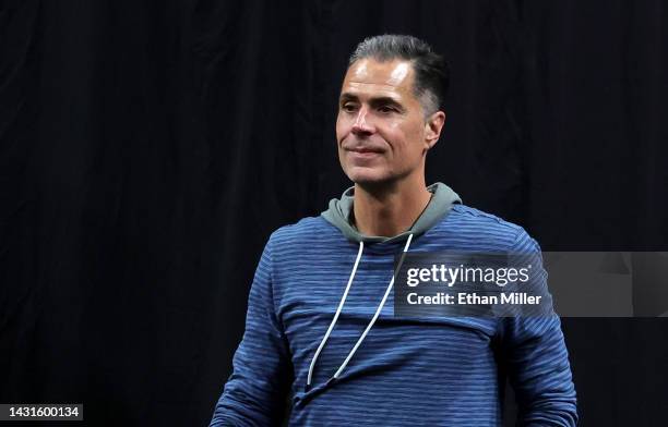 Vice president of basketball operations and general manager Rob Pelinka of the Los Angeles Lakers walks to the court before a preseason game against...