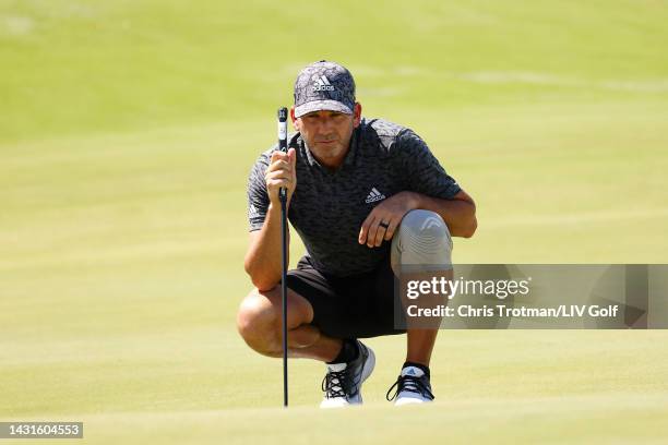 Team Captain Sergio Garcia of Fireballs GC lines up a putt during Day Two of the LIV Golf Invitational - Bangkok at Stonehill Golf Course on October...