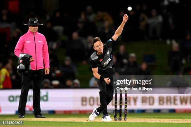 Trent Boult of New Zealand bowls during game two of the T20 International series between New Zealand and Pakistan at Hagley Oval on October 08, 2022...