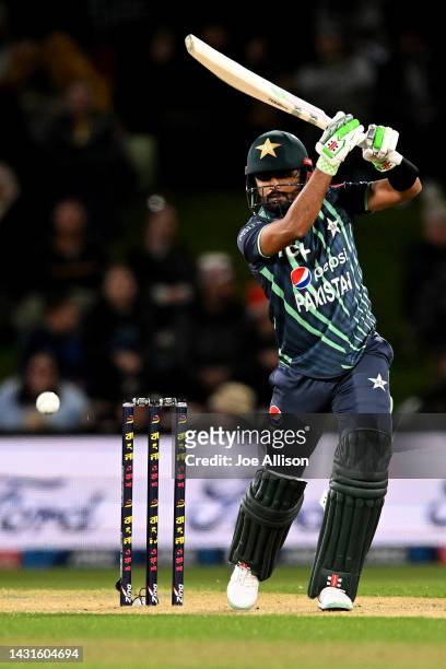 Babar Azam of Pakistan bats during game two of the T20 International series between New Zealand and Pakistan at Hagley Oval on October 08, 2022 in...