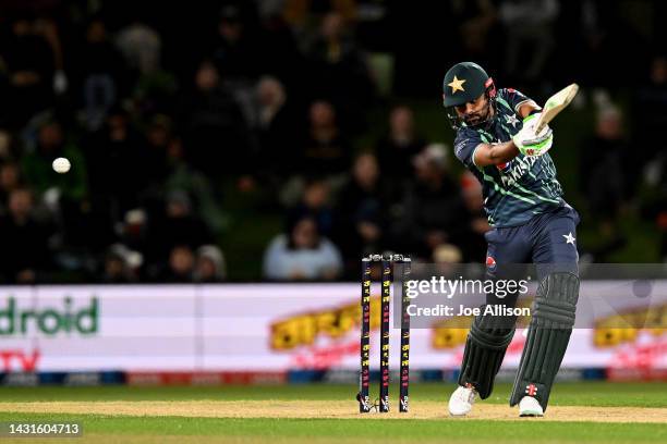 Babar Azam of Pakistan bats during game two of the T20 International series between New Zealand and Pakistan at Hagley Oval on October 08, 2022 in...