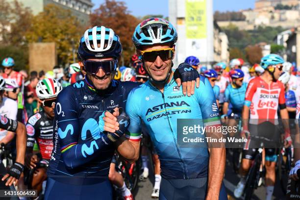 Alejandro Valverde Belmonte of Spain and Movistar Team and Vincenzo Nibali of Italy and Team Astana – Qazaqstan on their final day of their...