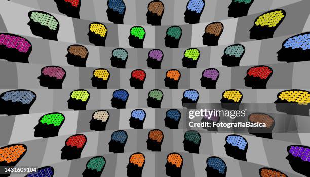 multi colored brains profiles - multiple screens stock illustrations