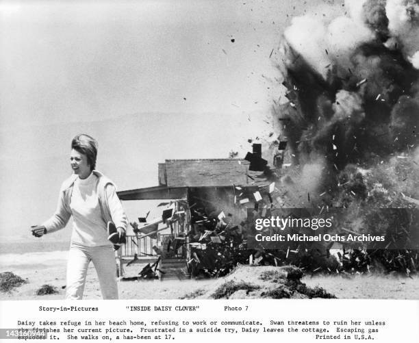 Natalie Wood leaves beach cottage right before it explodes from escaping gas in a scene from the film 'Inside Daisy Clover', 1965.