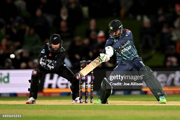 Shadab Khan of Pakistan bats during game two of the T20 International series between New Zealand and Pakistan at Hagley Oval on October 08, 2022 in...