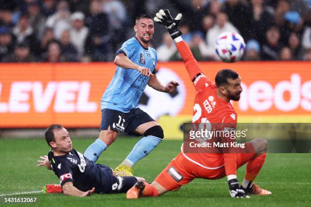 Robert Mak of Sydney FC scores a goal during the round one A-League Men's match between Sydney FC and Melbourne Victory at Allianz Stadium, on...