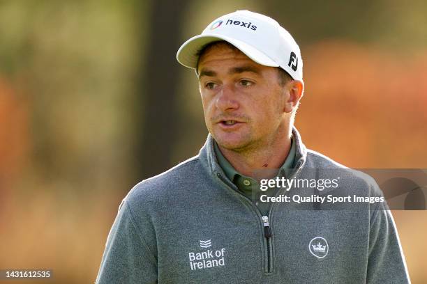 Paul Dunne of Ireland reacts during Day Three of the acciona Open de Espana presented by Madrid at Club de Campo Villa de Madrid on October 08, 2022...