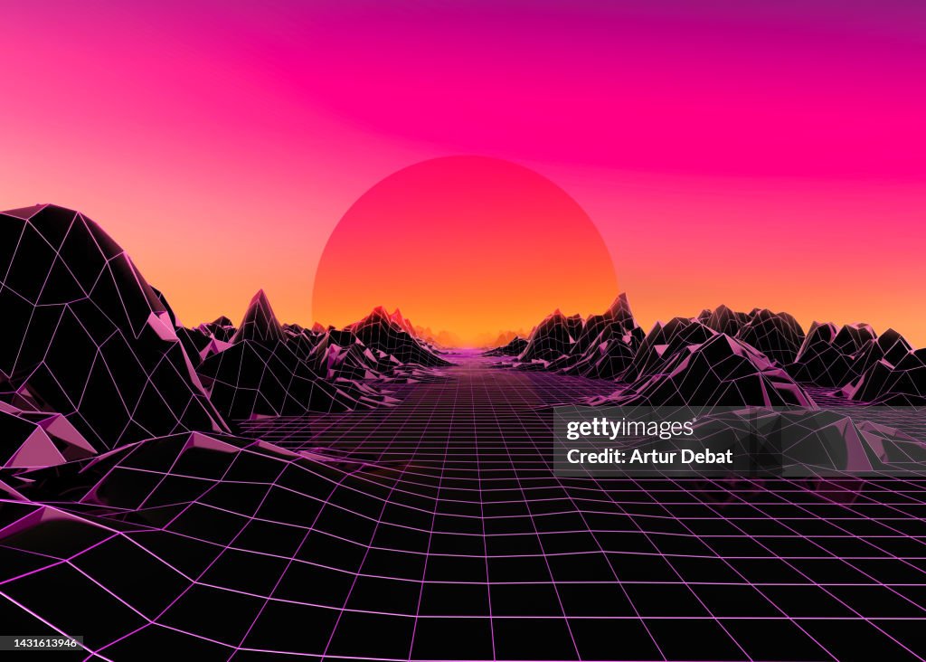 Futuristic digital render with surreal cyber space and big sun.