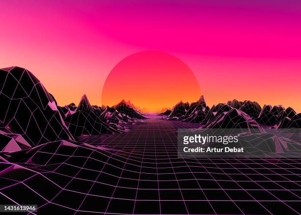 futuristic digital render with surreal cyber space and big sun. - sintetizador imagens e fotografias de stock