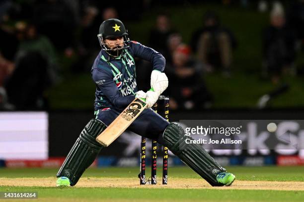 Shadab Khan of Pakistan bats during game two of the T20 International series between New Zealand and Pakistan at Hagley Oval on October 08, 2022 in...