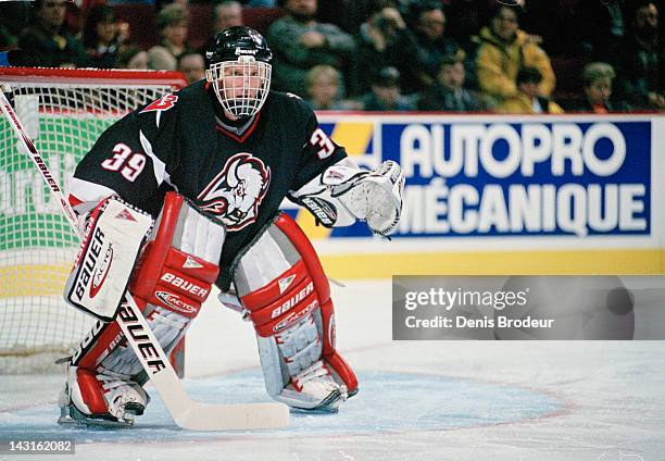 Dominik Hasek of the Buffalo Sabres follows the action Circa 1996 at the Montreal Forum in Montreal, Quebec, Canada.