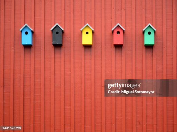 bird nest boxes of many colors - nid d'oiseau photos et images de collection