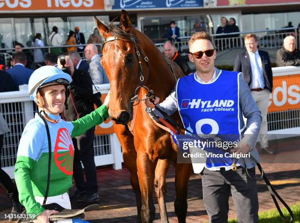 Jarrod Fry riding Tuvalu after winning Race 9, the Hyland Race Colours Toorak Handicap, during Caulfield Guineas Day at Caulfield Racecourse on...