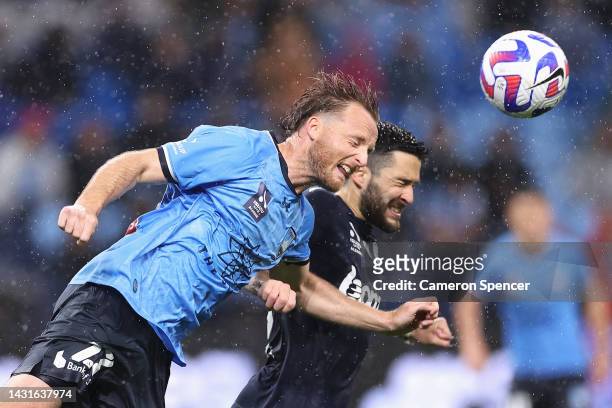 Rhyan Grant of Sydney FC heads the ball during the round one A-League Men's match between Sydney FC and Melbourne Victory at Allianz Stadium, on...
