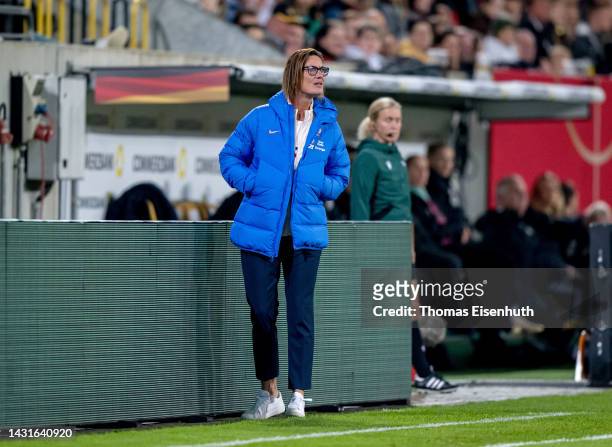 Head coach Corinne Diacre of France reacts during the international friendly match between Germany Women's and France Women's at...