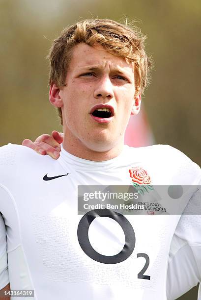 Michael Haley of England sings the national anthem prior to the England U18 Clubs and Schools v Ireland U18 Clubs match at Old Merchant Taylors...