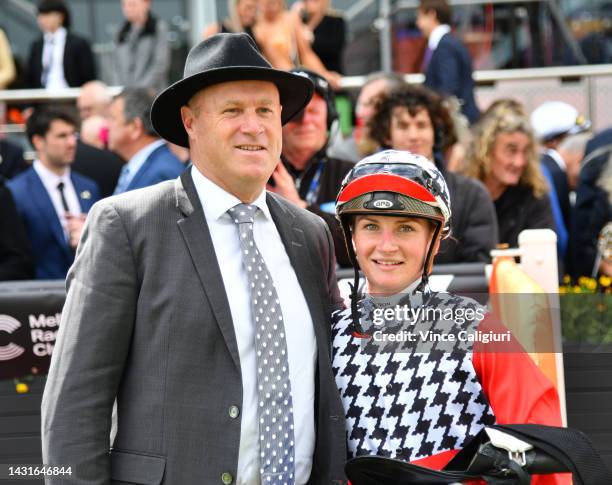 Jamie Kah poses with trainer Danny O'Brien after riding Saracen Knight to win Race 5, the Neds Herbert Power Stakes, during Caulfield Guineas Day at...