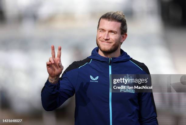 Loris Karius of Newcastle United arrives at the stadium prior to the Premier League match between Newcastle United and Brentford FC at St. James Park...