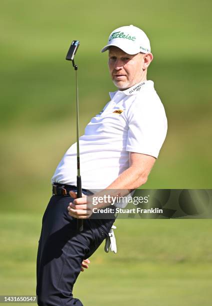 Stephen Gallacher of Scotland reacts to his putt on the fourth hole during Day Three of the acciona Open de Espana presented by Madrid at Club de...