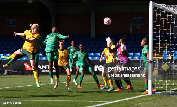 Clare Polkinghorne of Australia scores their team's third goal during the International Friendly match between CommBank Matildas and South Africa...