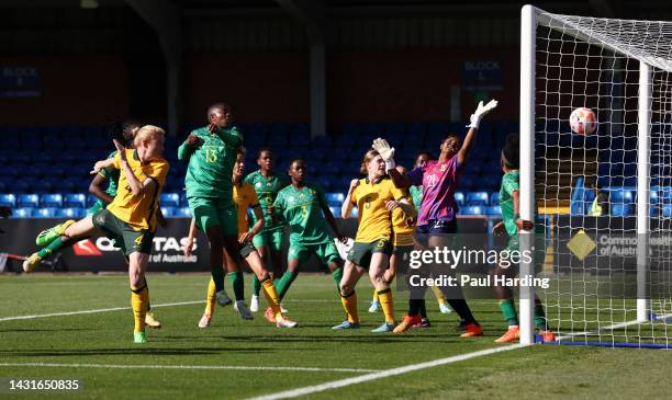 Clare Polkinghorne of Australia scores their team's third goal during the International Friendly match between CommBank Matildas and South Africa...